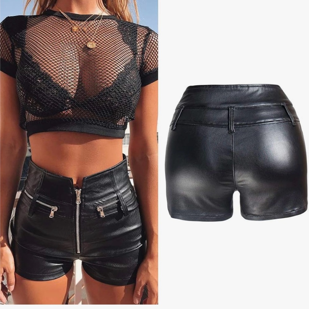 Black leather-like shorts never worn zip up size medium